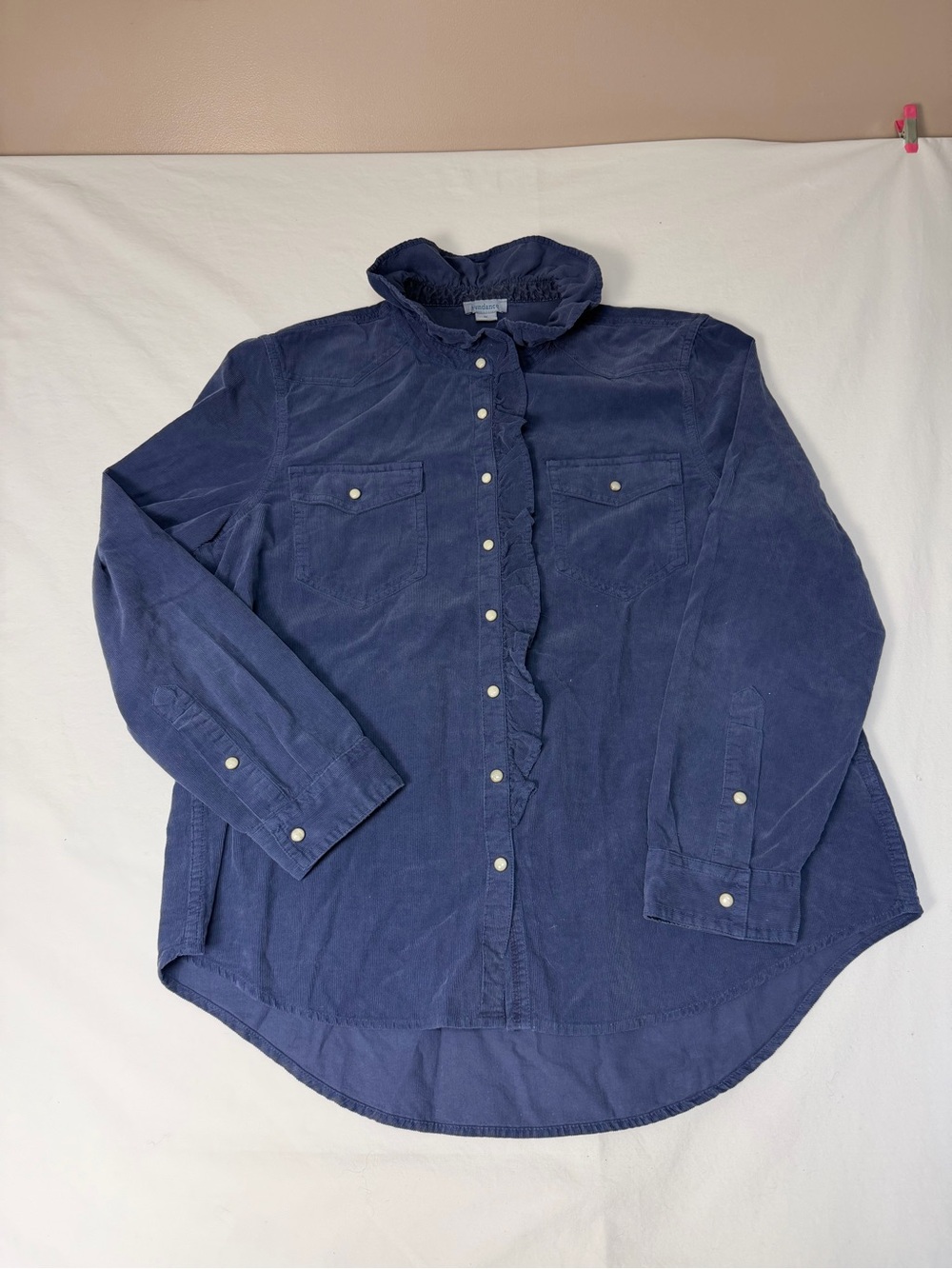 Sundance Blue Corduroy Long Sleeve Button Down Shirt Ruffled Size Medium